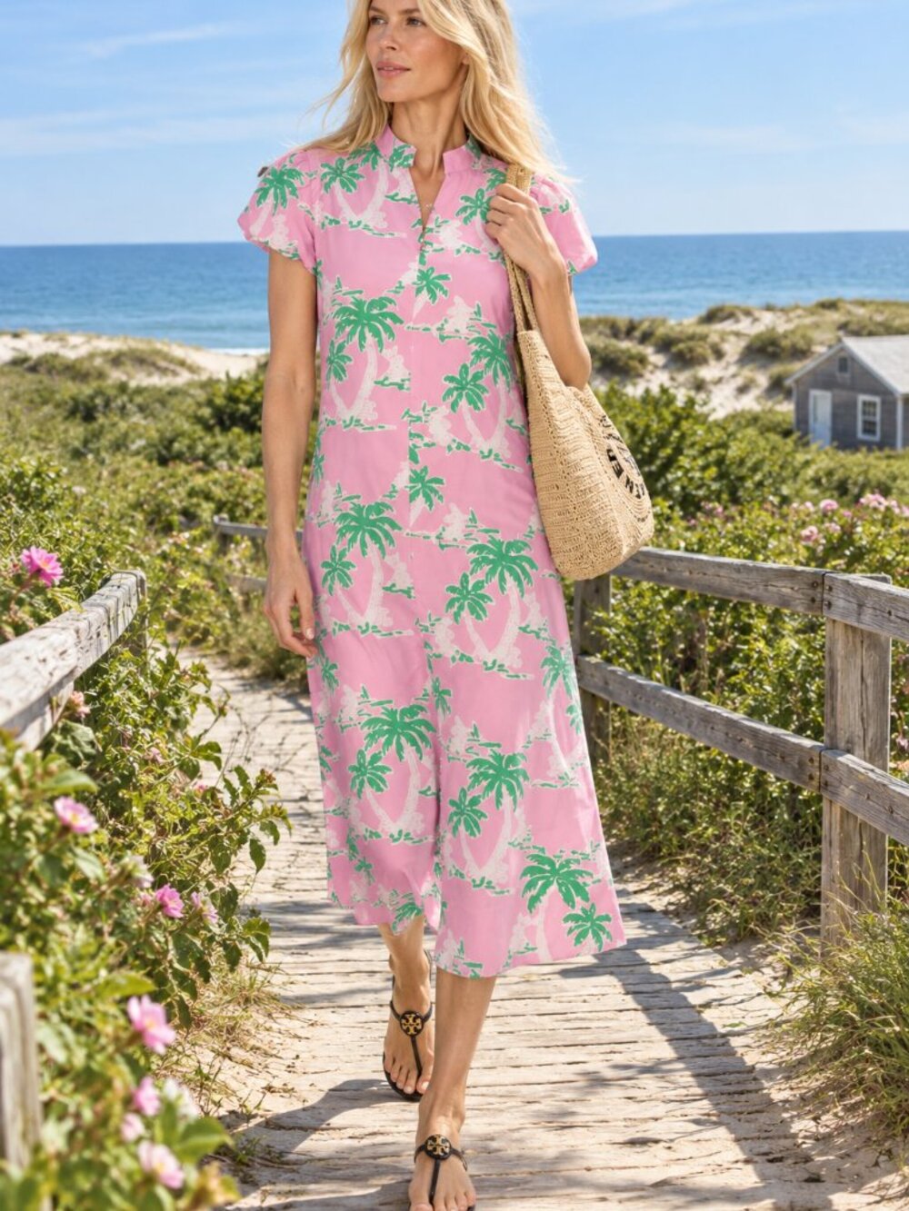 NWT SAIL TO SABLE Pink Cotton Maxi Summer Dress Palm Floral - Puff Sleeves